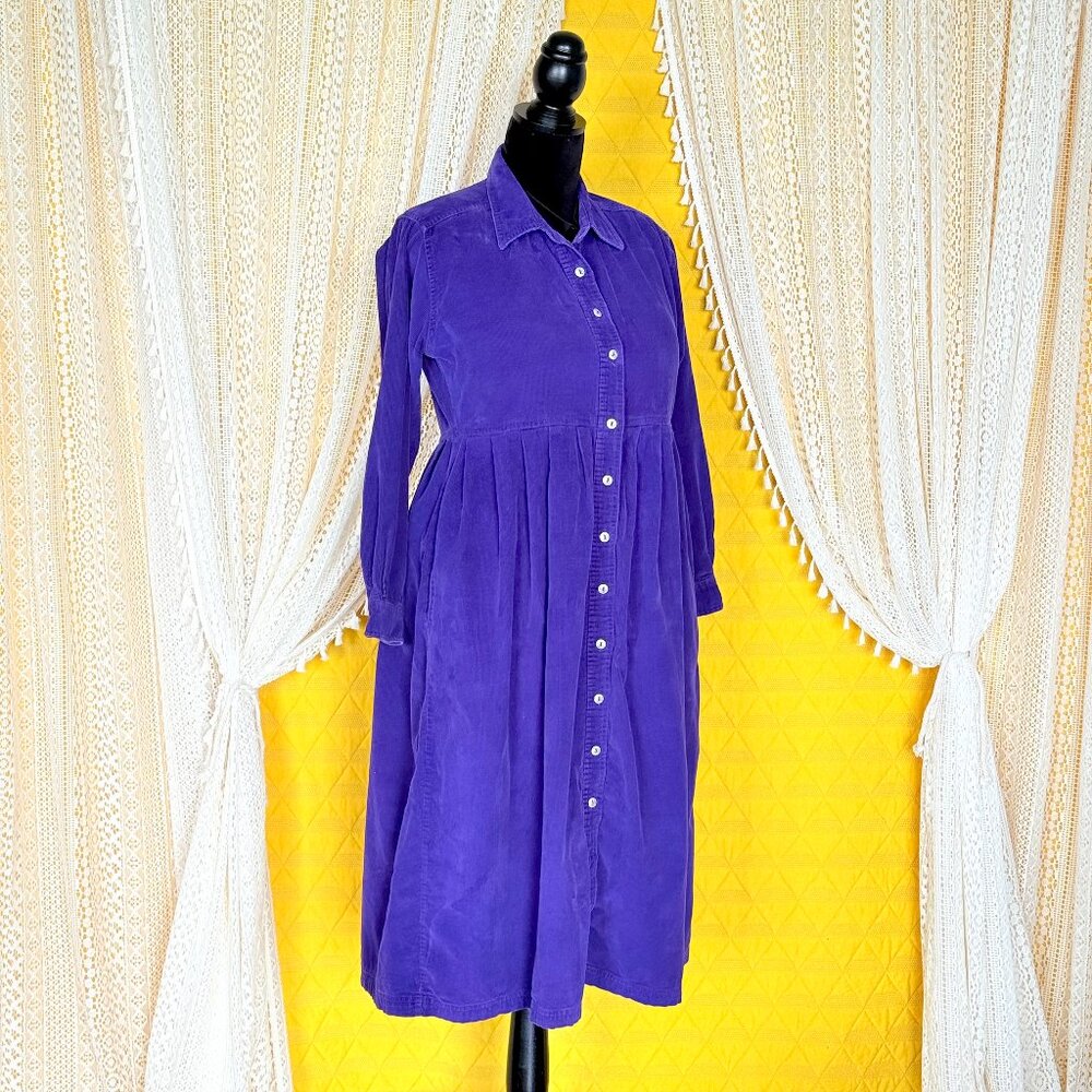 Vintage 80s Cottagecore Purple Corduroy Maxi Shirt Dress by FADS Size 10-12